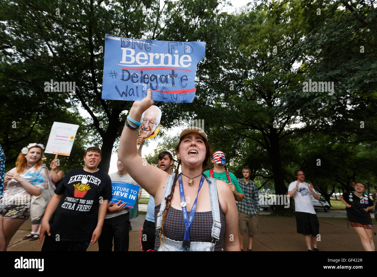 Philadelphia, USA. 28th July, 2016. Sarah Long from Michigan, a delegate for Bernie Sanders stands an protests against Hillary Clinton's nomination outside the Democratic National Convention. Credit:  John Orvis/Alamy Live News Stock Photo