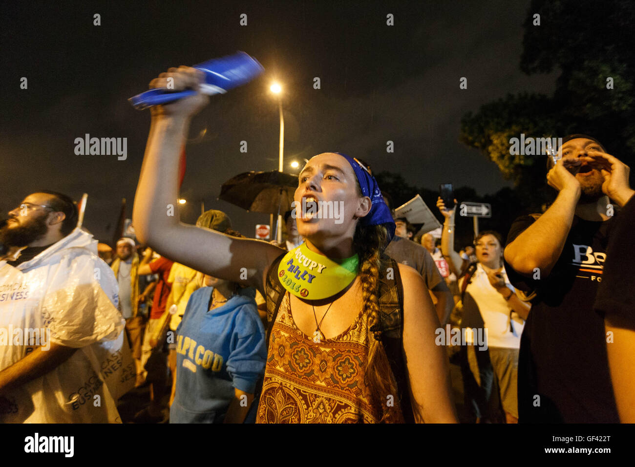 Philadelphia, USA. 28th July, 2016. Autumn Mullins of Ashville, NC chants outside with other protesters and Bernie Sanders supporters against the nomination of Hillary Clinton. Credit:  John Orvis/Alamy Live News Stock Photo