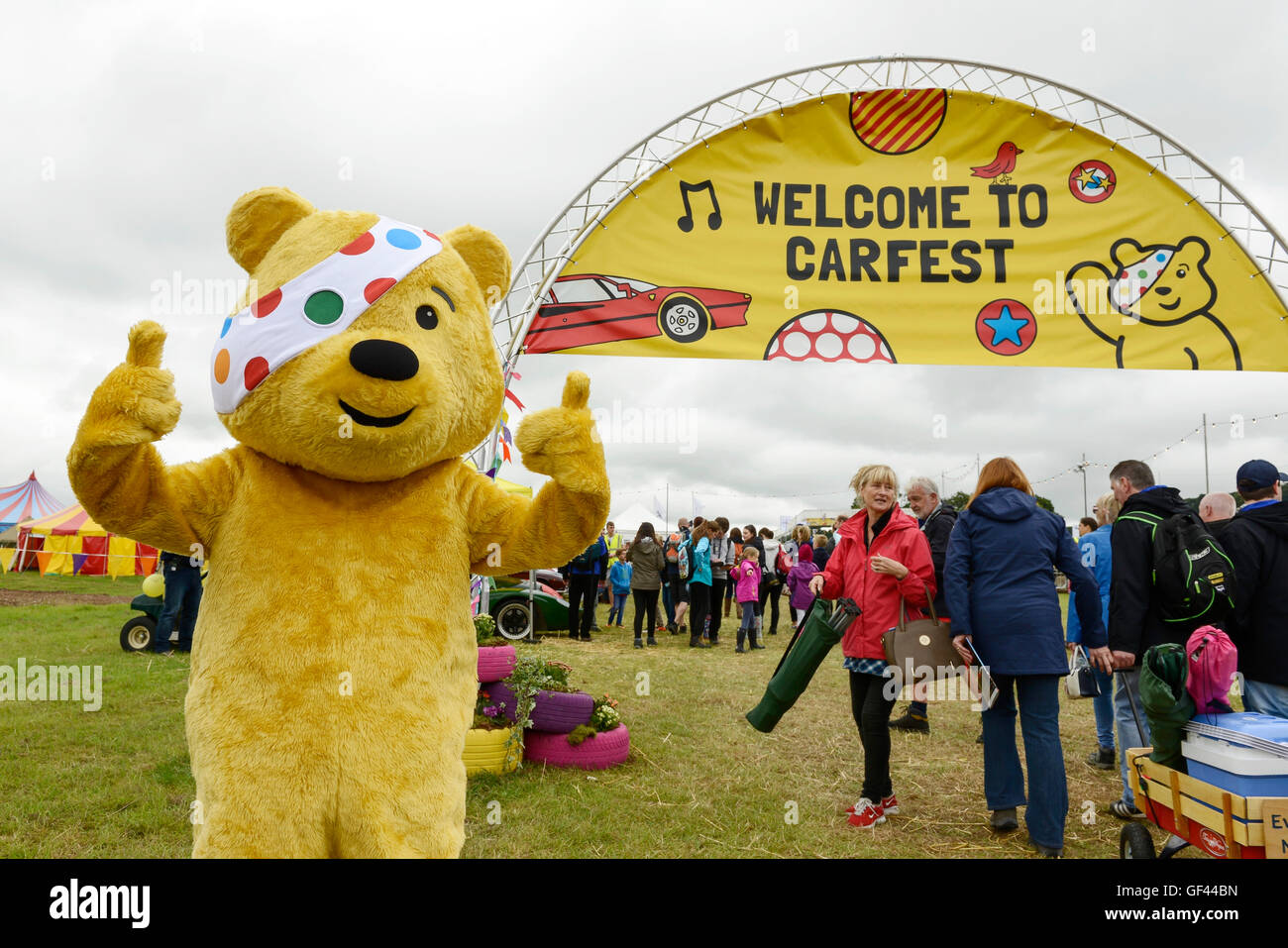 Carfest North, Bolesworth, Cheshire, UK. 29th July, 2016. Pudsey Bear at the entrance. The event is the brainchild of Chris Evans and features 3 days of cars, music and entertainment with profits being donated to the charity Children in Need. Credit:  Andrew Paterson/Alamy Live News Stock Photo
