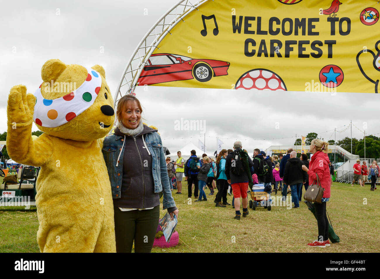 Carfest North, Bolesworth, Cheshire, UK. 29th July, 2016. Pudsey Bear at the entrance. The event is the brainchild of Chris Evans and features 3 days of cars, music and entertainment with profits being donated to the charity Children in Need. Credit:  Andrew Paterson/Alamy Live News Stock Photo