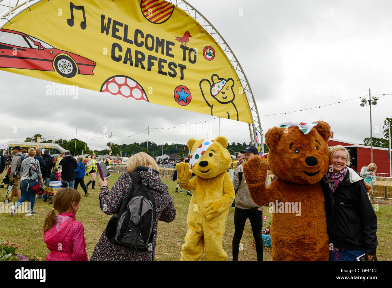 Carfest North, Bolesworth, Cheshire, UK. 29th July, 2016. Pudsey Bear and Blush at the entrance. The event is the brainchild of Chris Evans and features 3 days of cars, music and entertainment with profits being donated to the charity Children in Need. Credit:  Andrew Paterson/Alamy Live News Stock Photo
