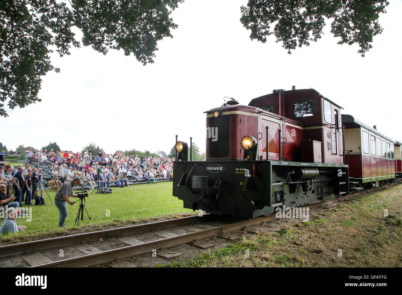 A historical diesel engine can be seen during a parade for the 50th anniversary of the local museum engines in Bruchhausen-Vilsen, Germany, 29 July 2016. For one week, historical trains will be travelling between Bruchhausen-Vilsen and Asendorf as well as Syke and Eystrup for the celebration of the anniversary. PHOTO: FOCKE STRANGMANN/dpa Stock Photo