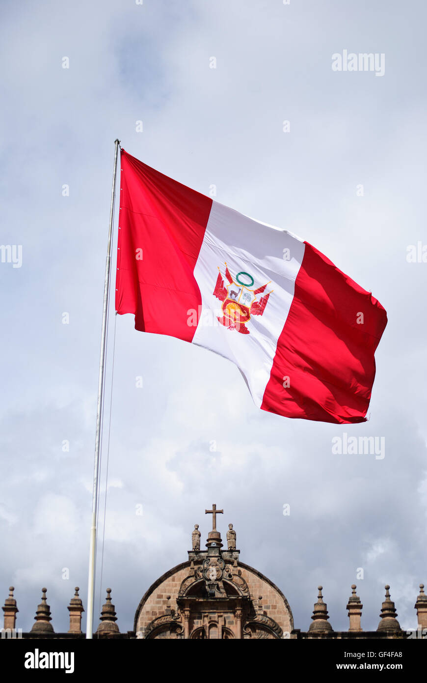 The flag of Peru, national flag, at the Plaza de Armas Stock Photo
