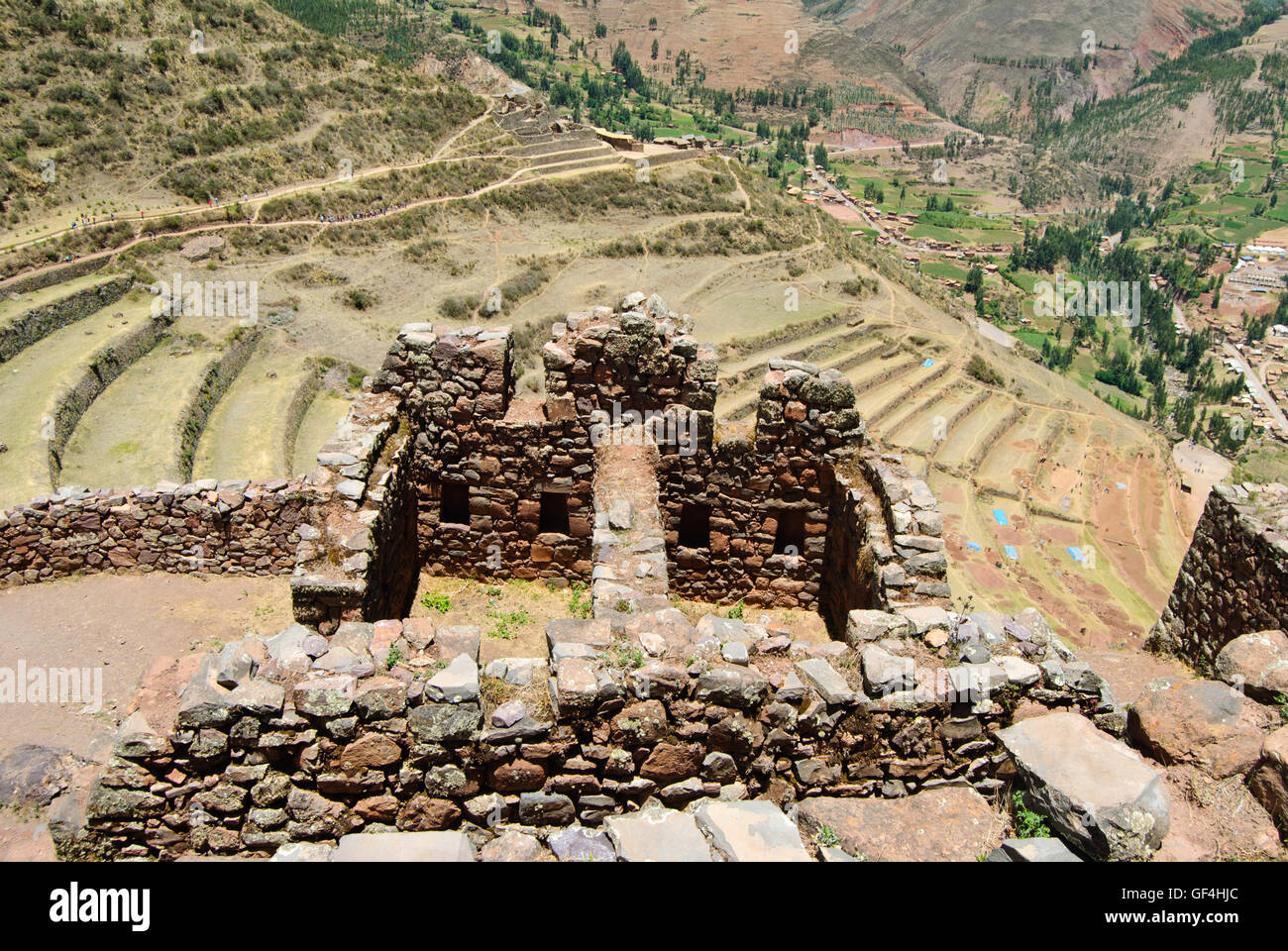 The ancient building and the terraces of Inca Pisac ruins Stock Photo