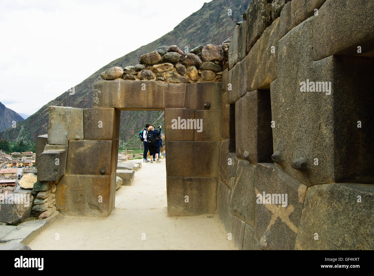 The door made of massive cutting stones at Ollantaytambo Stock Photo