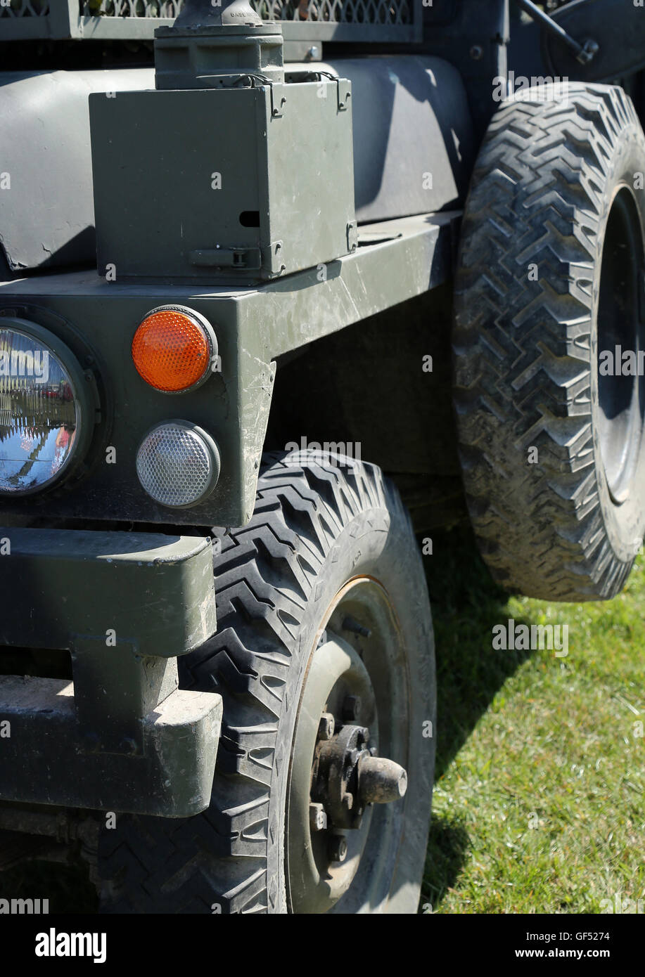 detail of a military light weight Land Rover at a show in England. Stock Photo