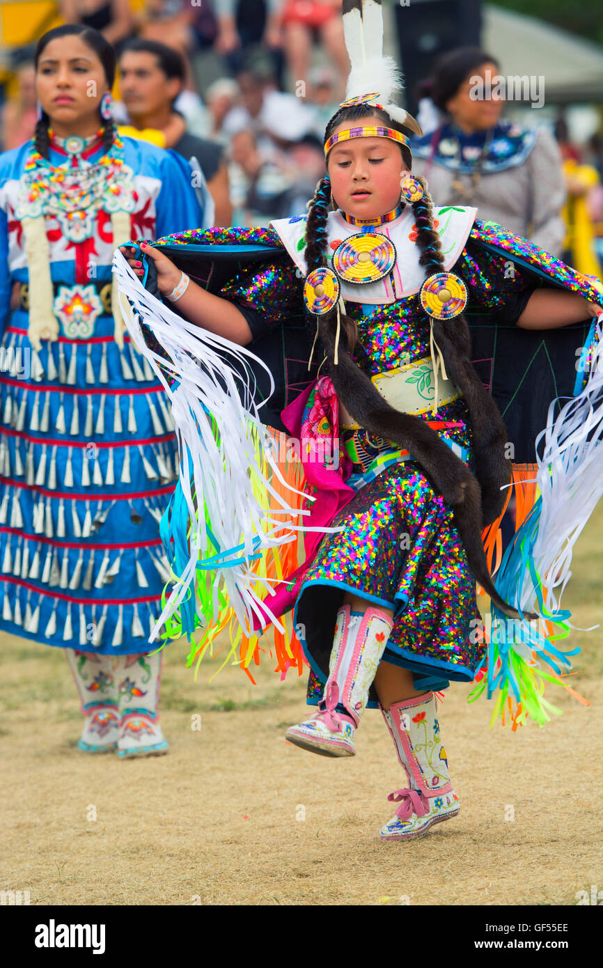 Native Girl Child at Pow Wow, Six Nations of the Grand River Powwow Ohsweken Canada Stock Photo