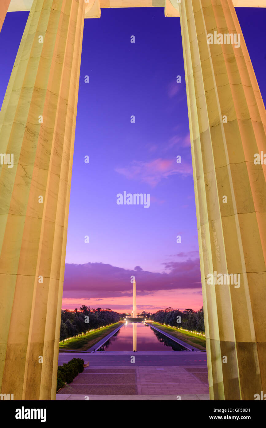 Washington DC at the Reflecting Pool and Washington Monument viewed from Lincoln Memorial. Stock Photo