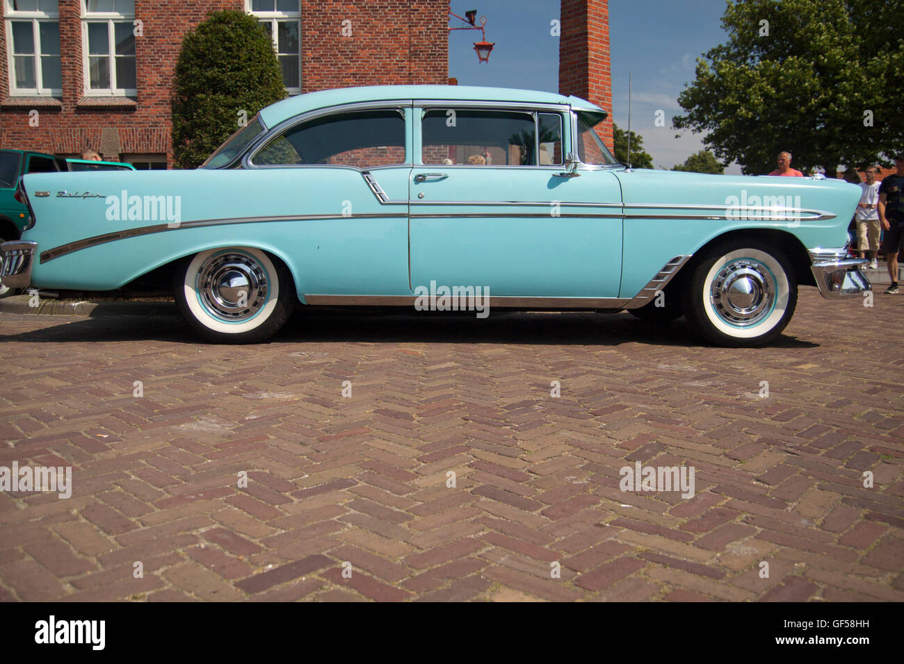 MEDEMBLIK, THE NETHERLANDS - JULY 27,2014: view of a light blue Chevrolet bel air 1956 on a oldtimer show Stock Photo