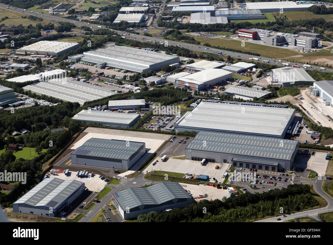 aerial view of the Normanton Industrial Estates at Junction 31 of the M62 Motorway, Yorkshire, UK Stock Photo