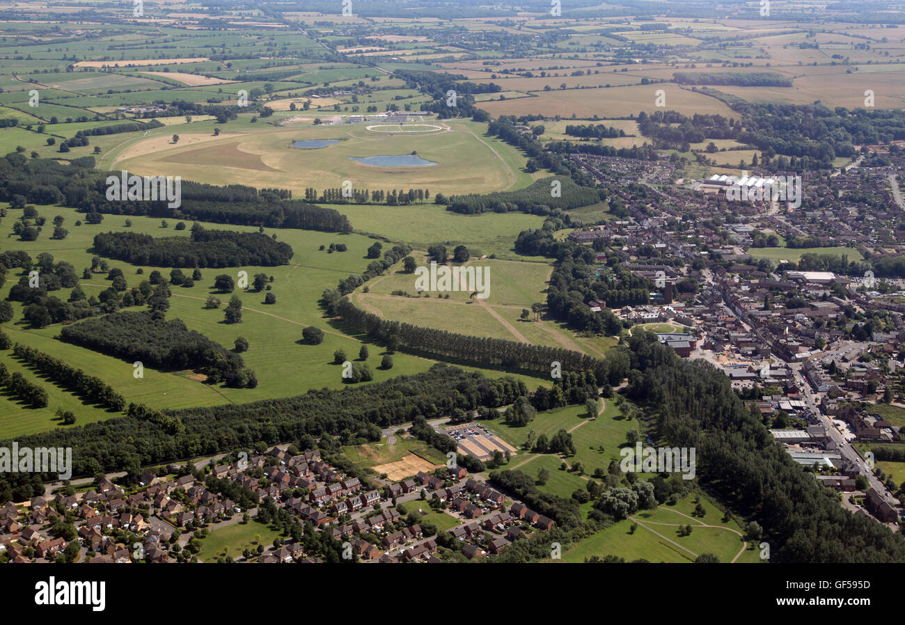 aerial view of Towcester town and Racecourse, Northamptonshire, UK