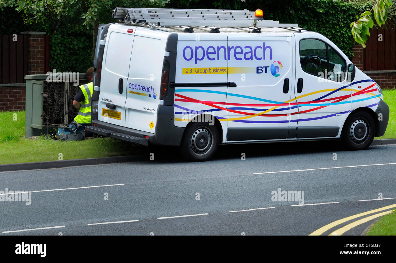 BT Open Reach Van and phone engineer at work Stock Photo