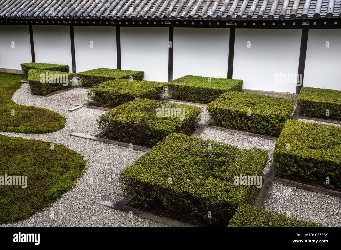 Tofukuji West Garden has a gentle style composed of moss and azalea shrubs trimmed in a checkered pattern Stock Photo