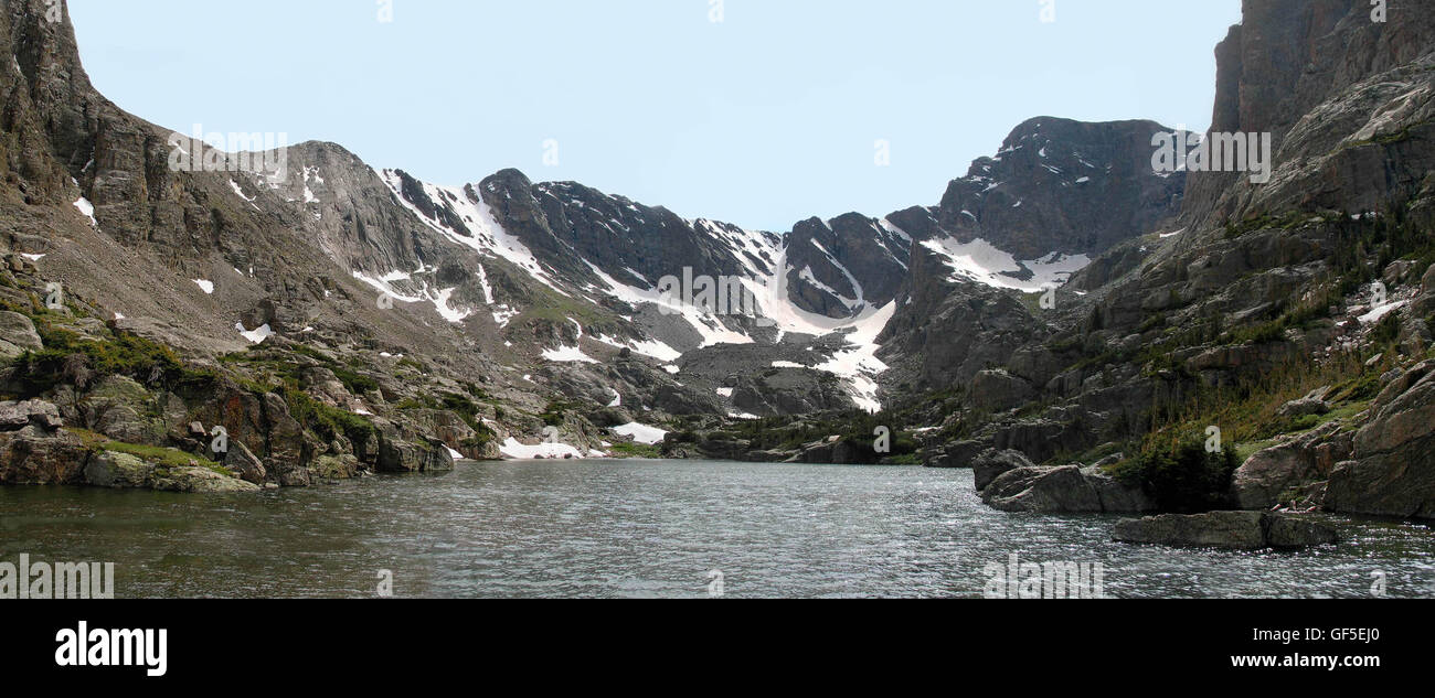 A panoramic view of Sky Pond in Rocky Mountain National Park, In Colorado, USA. Stock Photo
