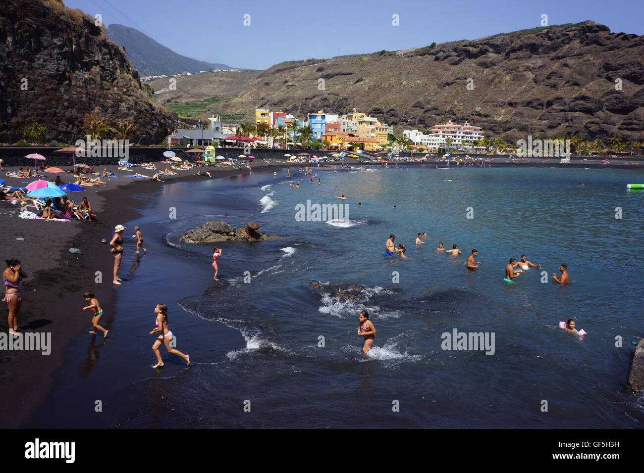 Sand beach and town Puerto Tazacorte, Island La Palma, Canary Islands, Spain Stock Photo