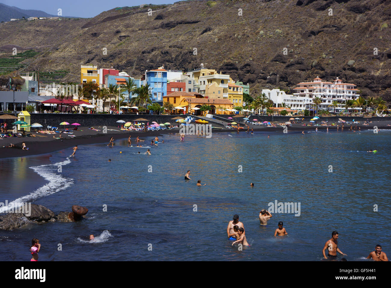 Sand beach and town Puerto Tazacorte, Island La Palma, Canary Islands, Spain Stock Photo