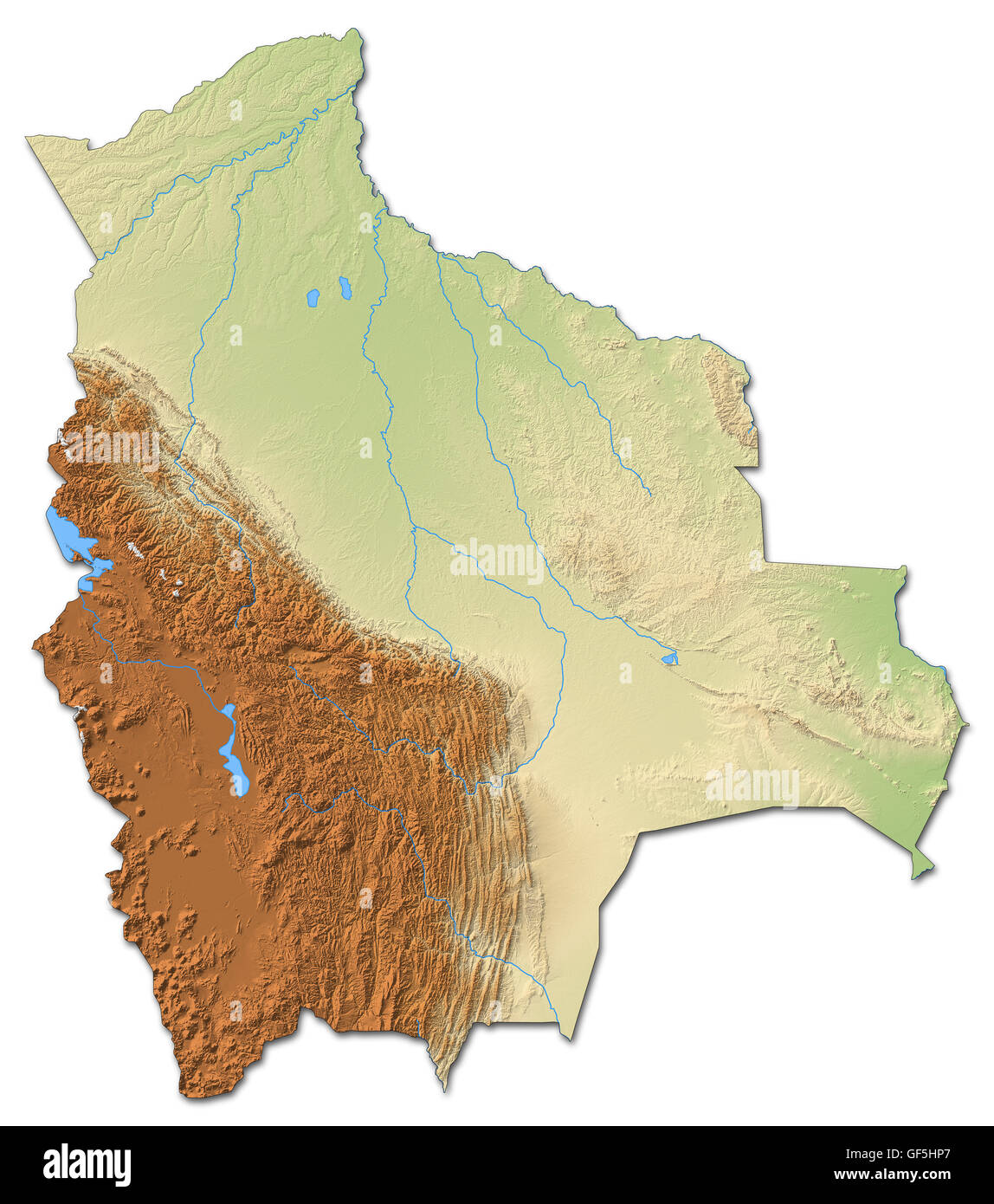 Relief map of Bolivia with shaded relief. Stock Photo