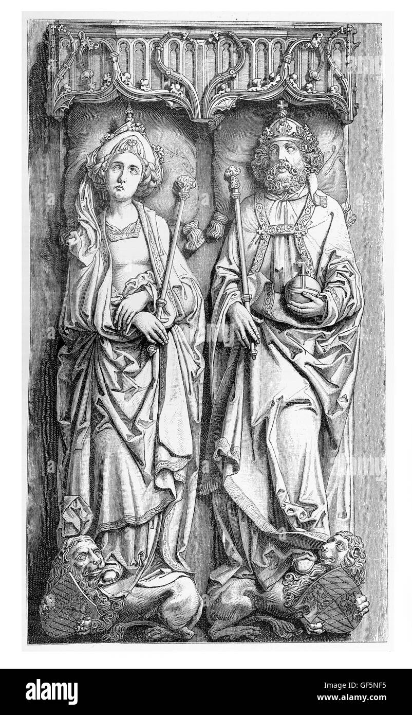 Bamberg cathedral, sepulchre of Emperor Heinrich the II and his consort Kunigunde, by Tilman Riemenschneider, sculpted in Solnhofer limestone. Completed in 1513. Stock Photo