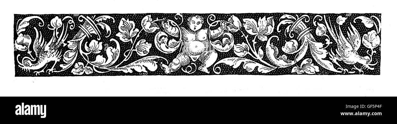 Decorated border or page front piece,  putto opening his way through floral motives. Stock Photo