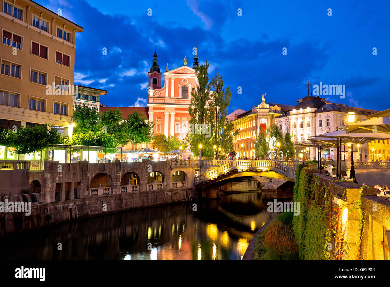 Tromostovje bridge and Presern square in Ljubljana evening view, capital of Slovenia Stock Photo