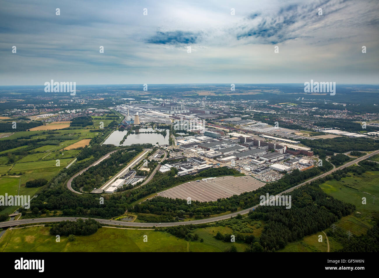Aerial view, Volkswagen factory Wolfsburg Autostadt, exhaust scandal of Volkswagen Group, View from north-west, Lower Saxony, Stock Photo