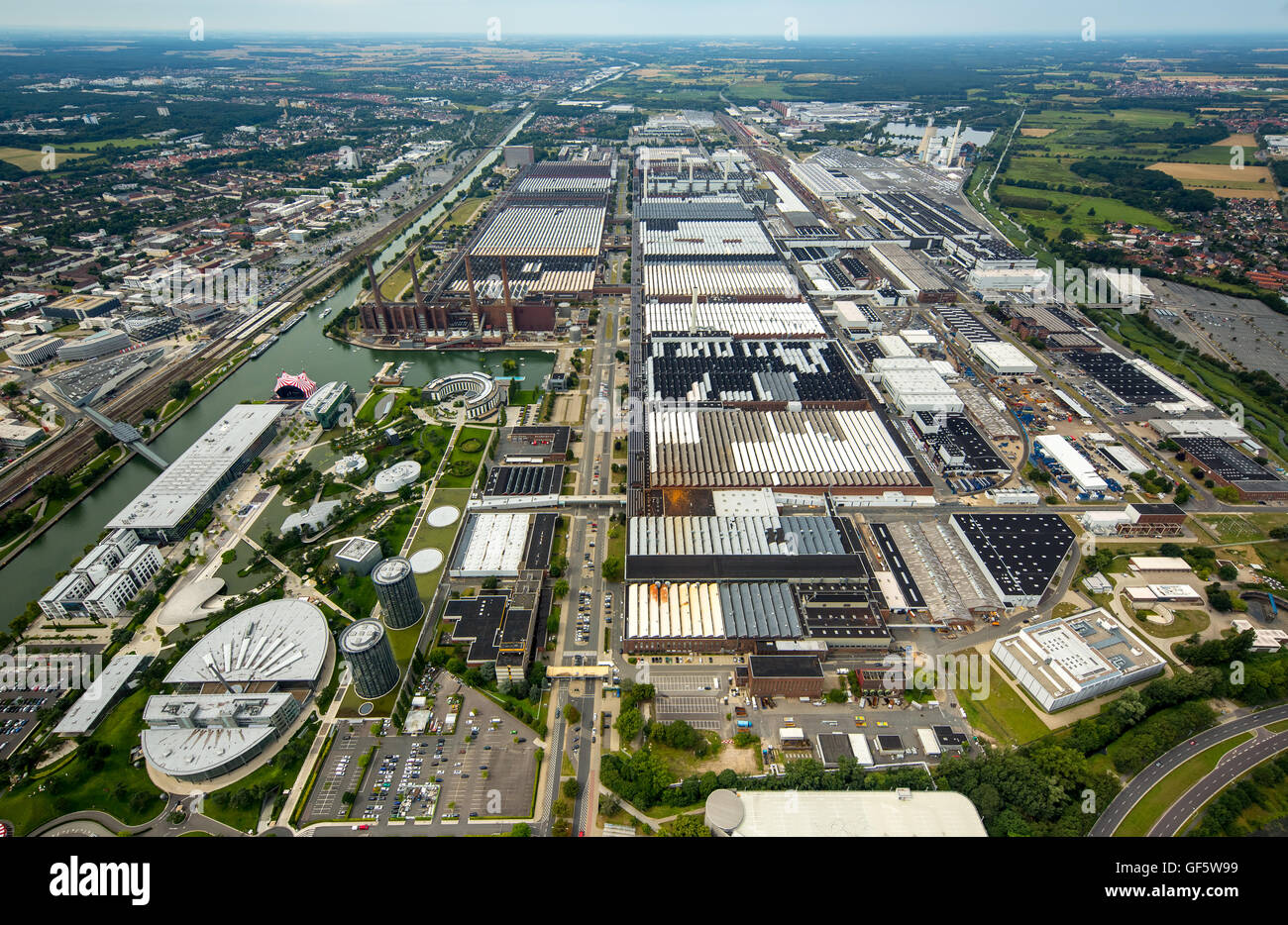 Aerial view, Volkswagen factory Wolfsburg Autostadt and Ritz Carlton Hotel, exhaust scandal of Volkswagen Group, Lower Saxony, Stock Photo