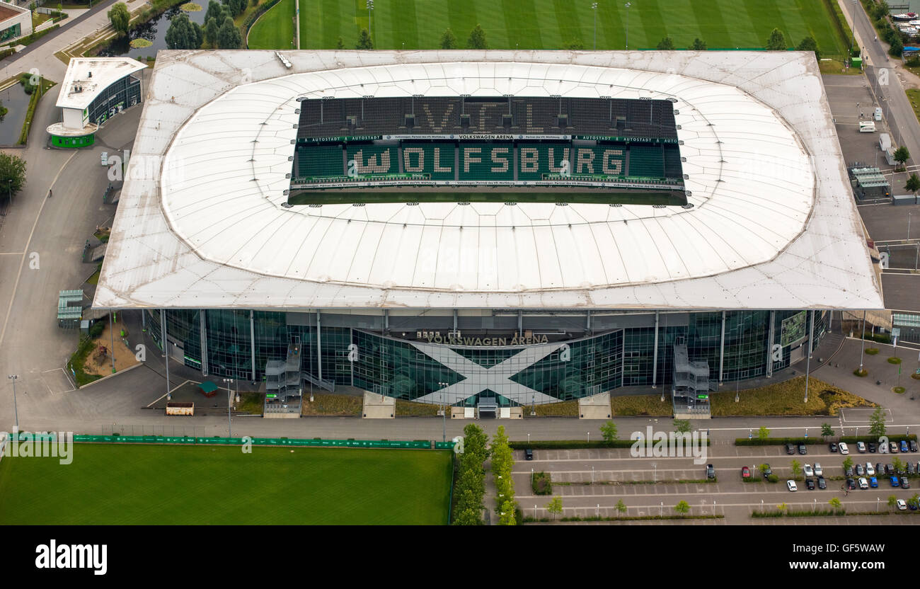 Aerial view, Volkswagen Arena of Wolfsburg, Bundesliga Football Club, Volkswagen factory in Wolfsburg, Lower Saxony, Germany, Stock Photo