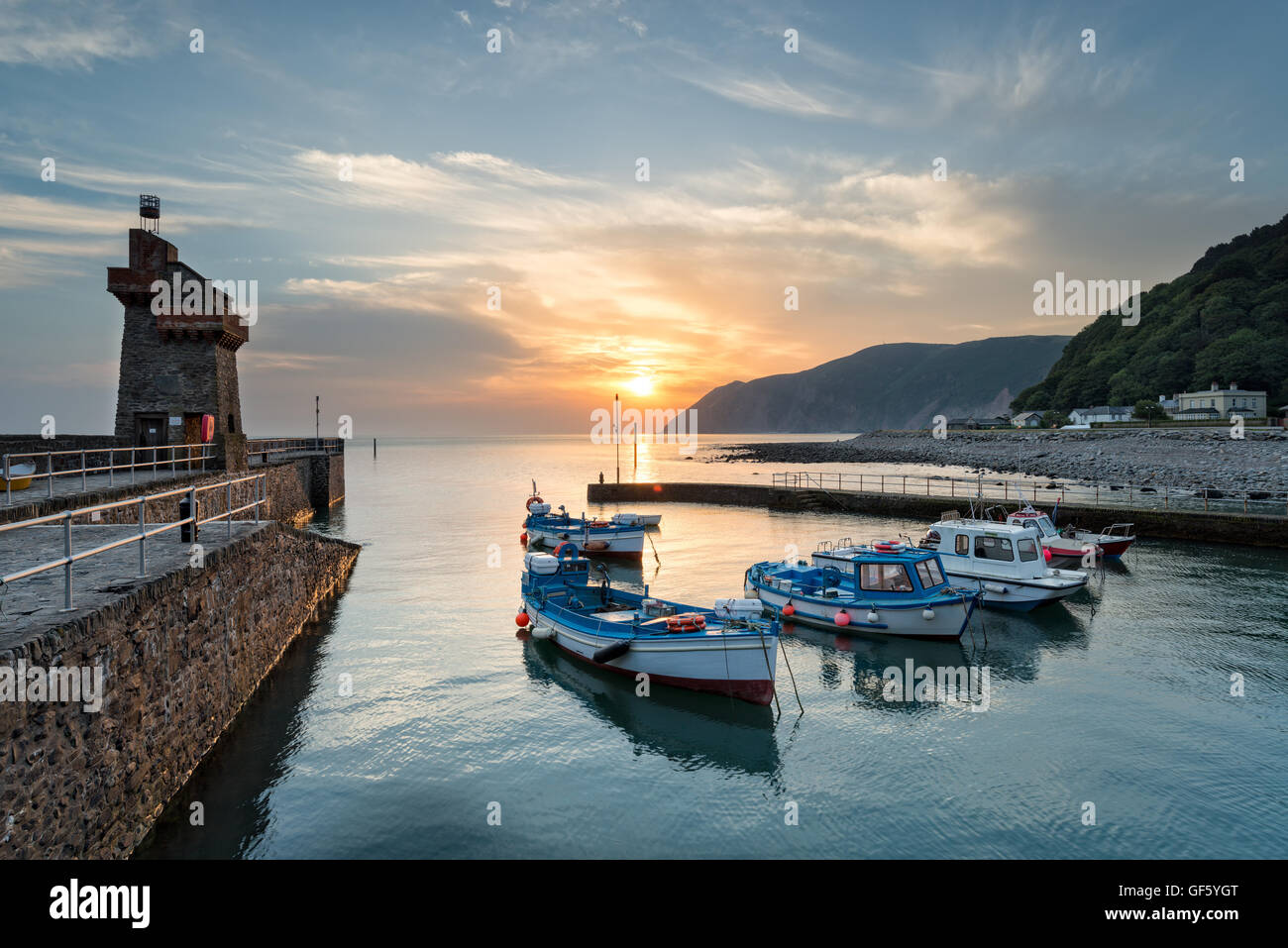 Vibrant sunsrise at Lynmouth on the north coast of Devon Stock Photo