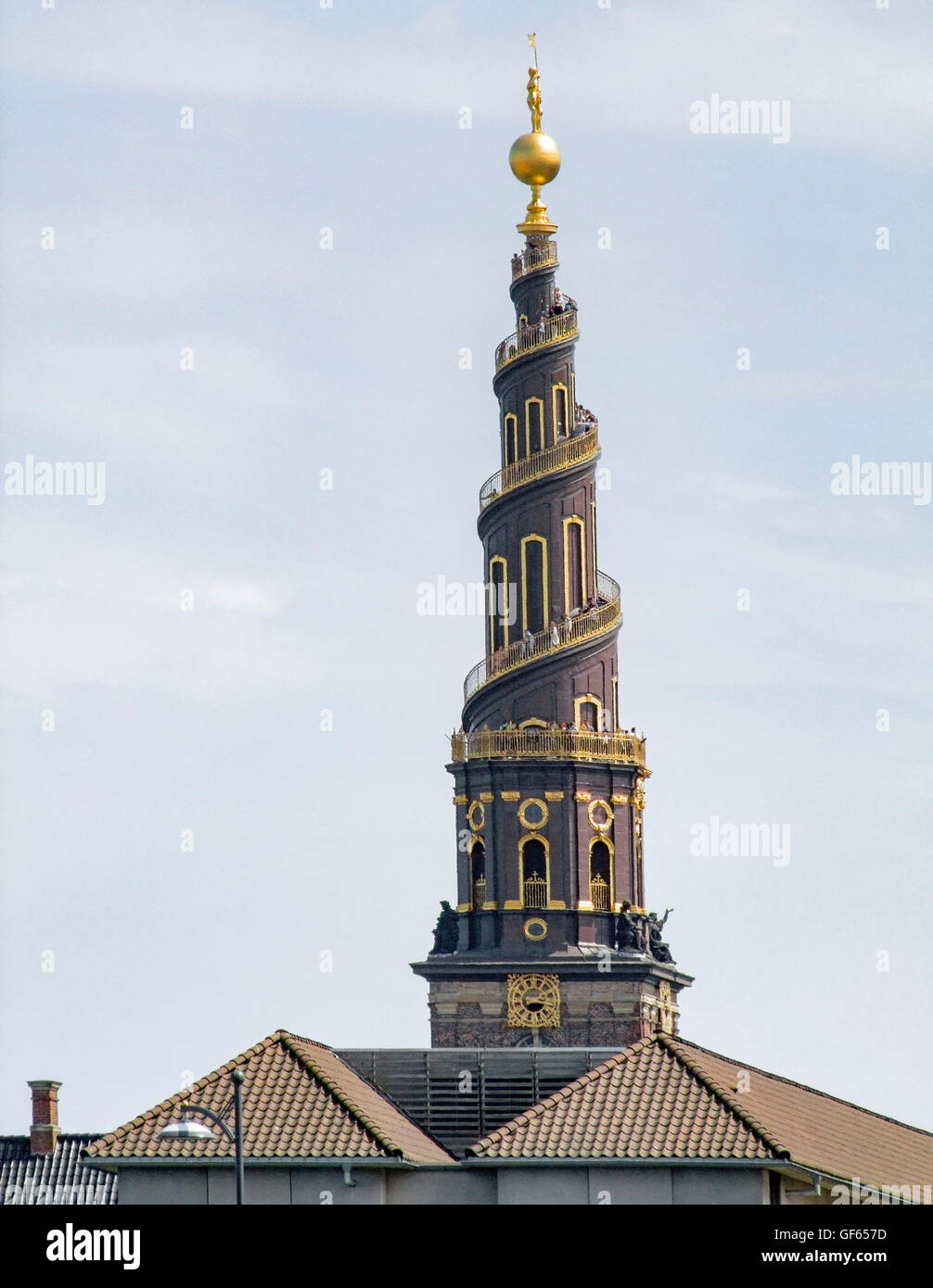 spire of the Church of Our Saviour in Copenhagen, the capital city of Denmark Stock Photo