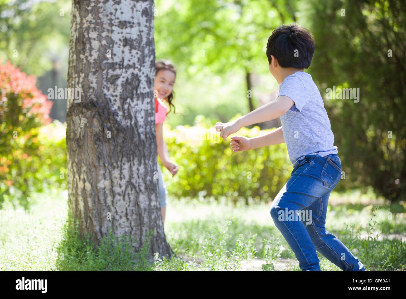 Happy Chinese children playing in woods Stock Photo - Alamy