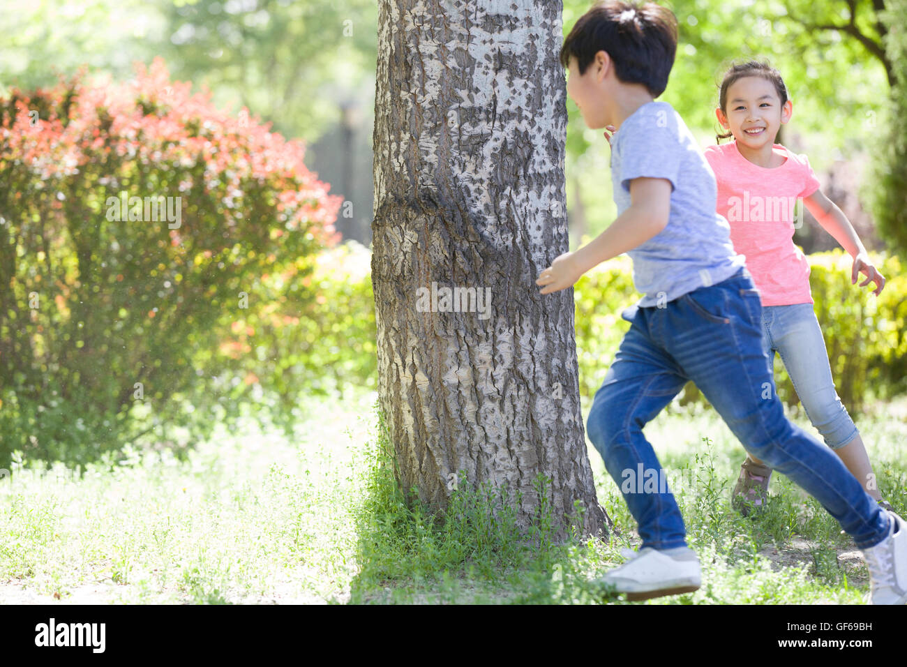 Happy Chinese children playing in woods Stock Photo - Alamy