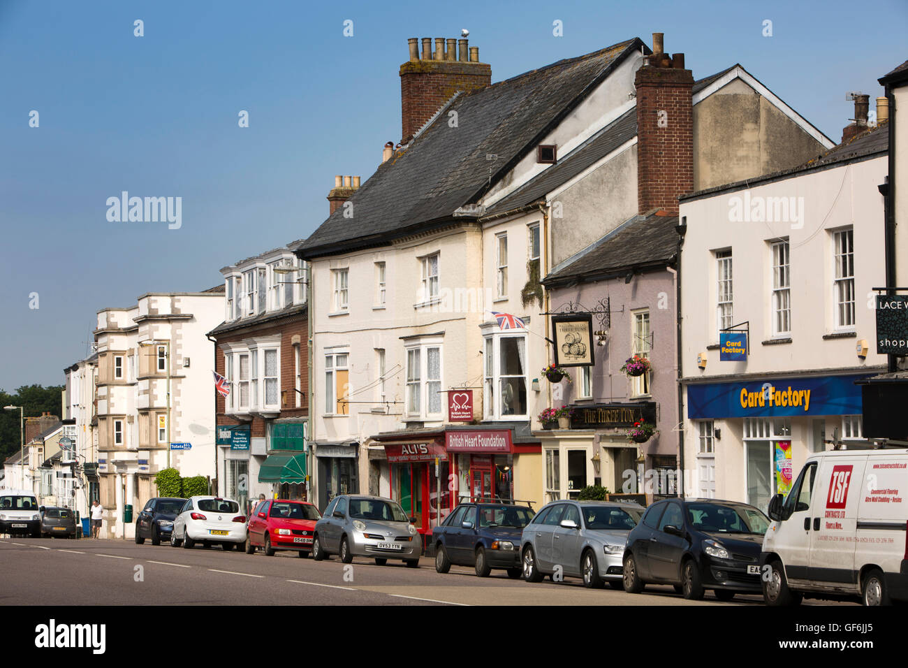 UK, England, Devon, Honiton, High Street, looking down to the Manor
