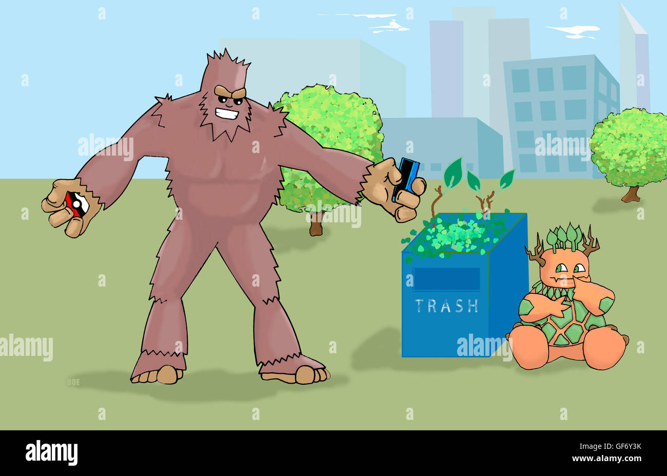 Bigfoot playing Pokemon Go! Stock Photo