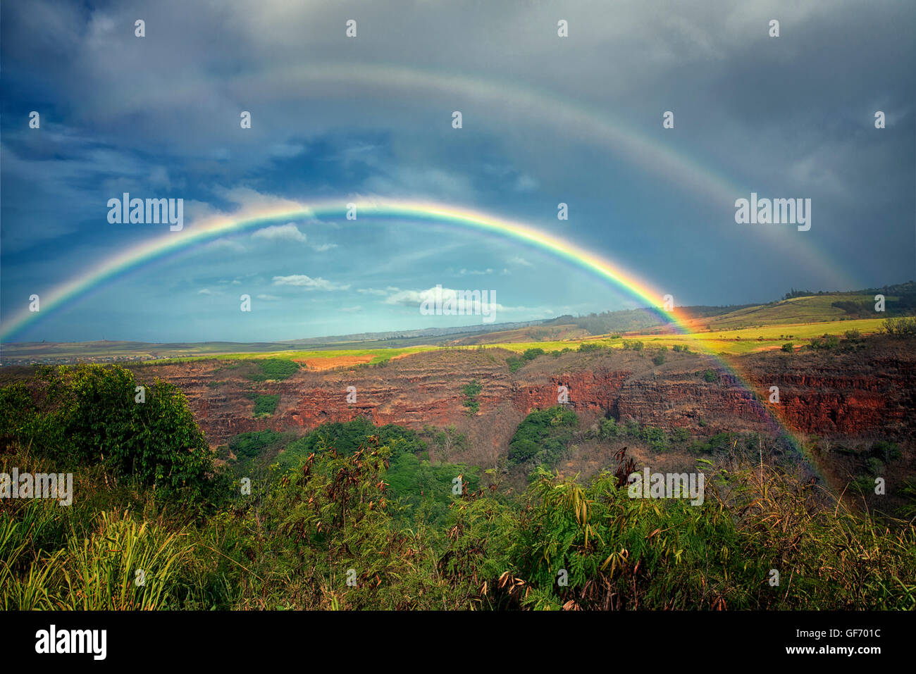 Hanapepe Valley with rainbow. Kauai, Hawaii. Stock Photo