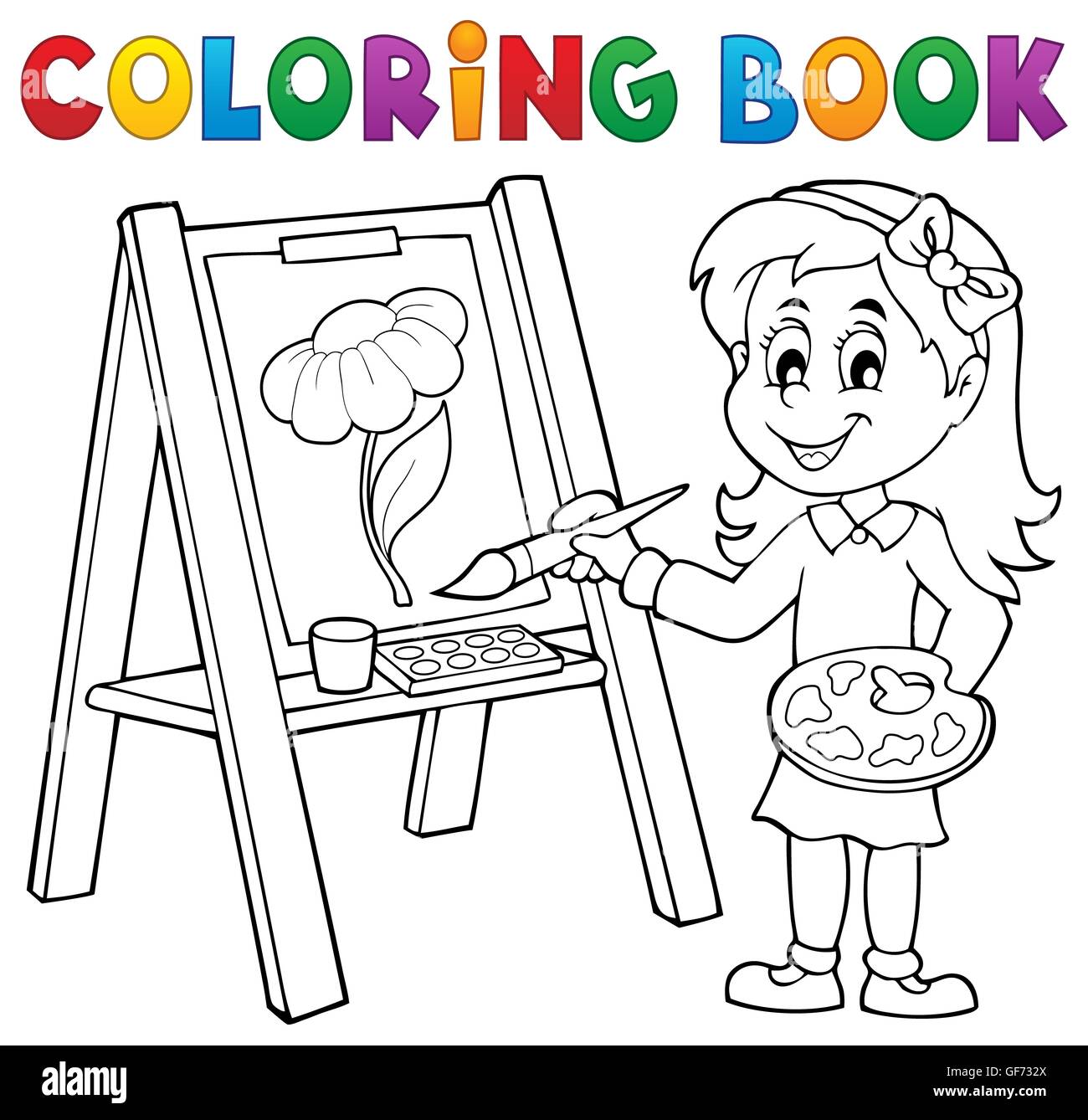 Coloring book girl painting on canvas - picture illustration Stock ...
