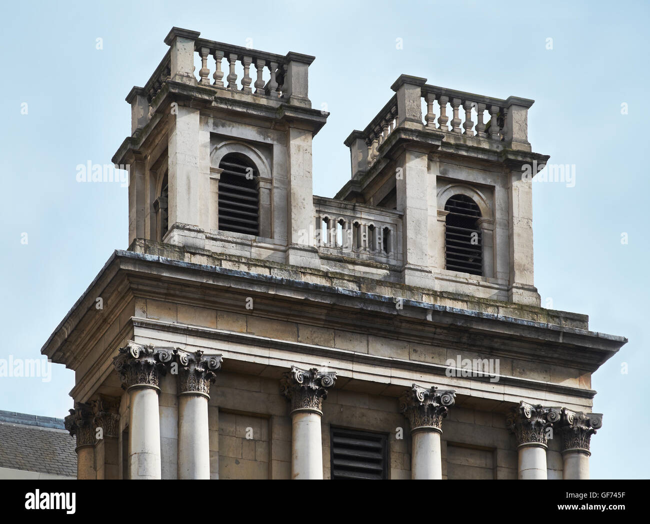 St Mary Woolnoth, twin turrets over the west front; built by Nicholas Hawksmoor 1716 - 1727 Stock Photo