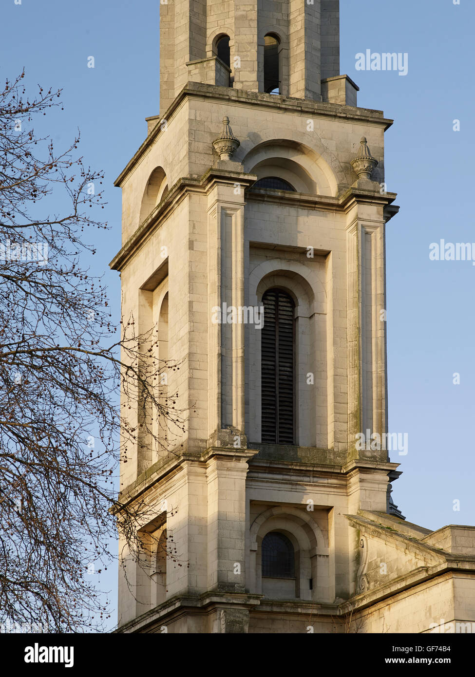 St George in-the-East, Stepney. Tower detail; built by Nicholas Hawksmoor 1714 - 1729 Stock Photo