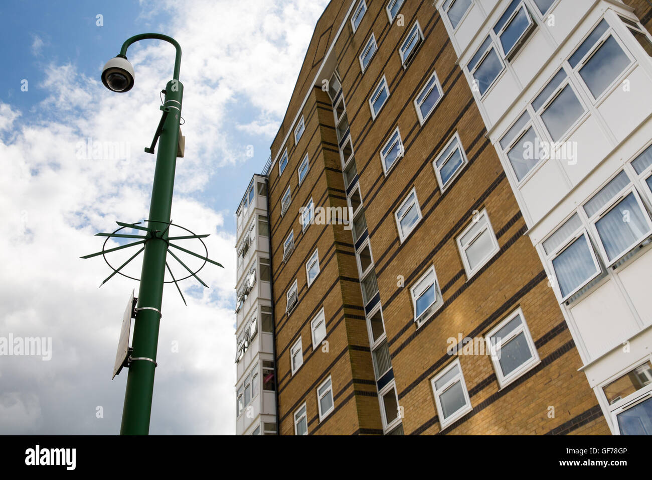 CCTV cameras outside a high rise tower block in KIngshurst, Soilhull, West Midlands. Stock Photo