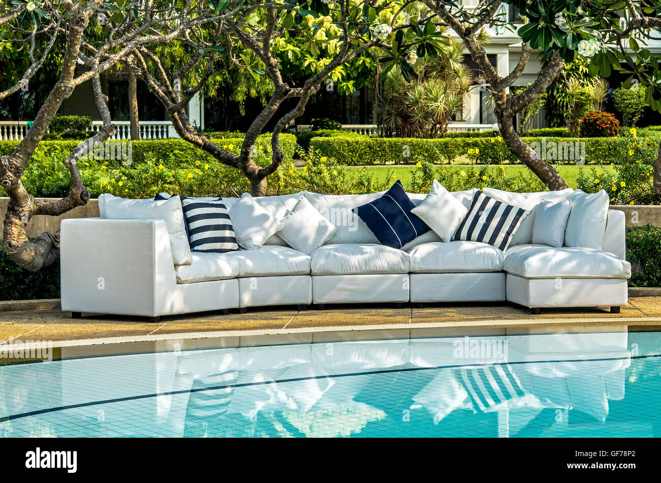 Outdoor indoor sofa with water resistant pillows Stock Photo