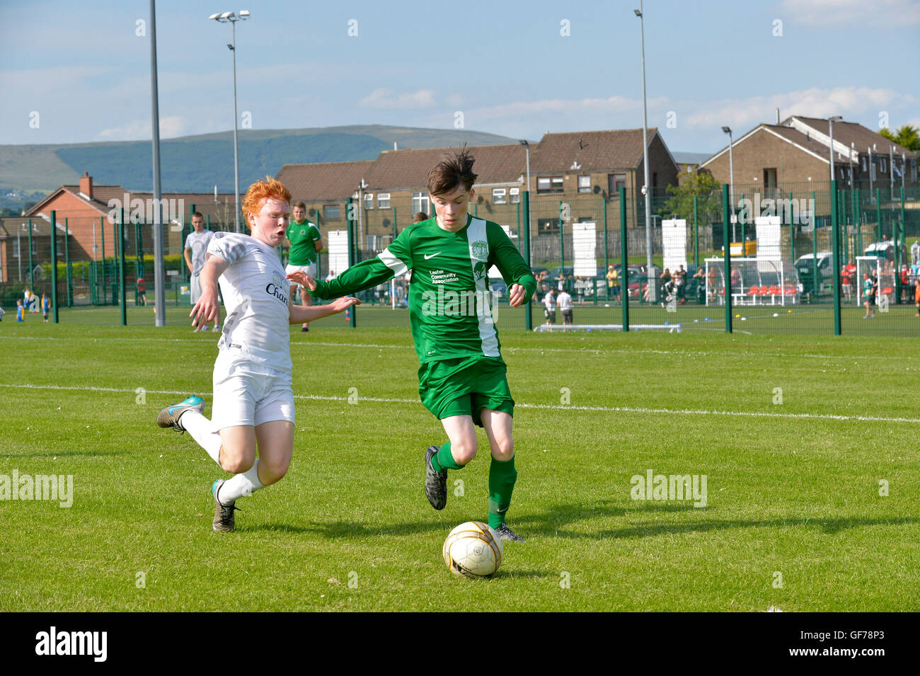 Foyle Harps v Everton America in under 16 Foyle Cup football game, Derry, Northern Ireland. Stock Photo