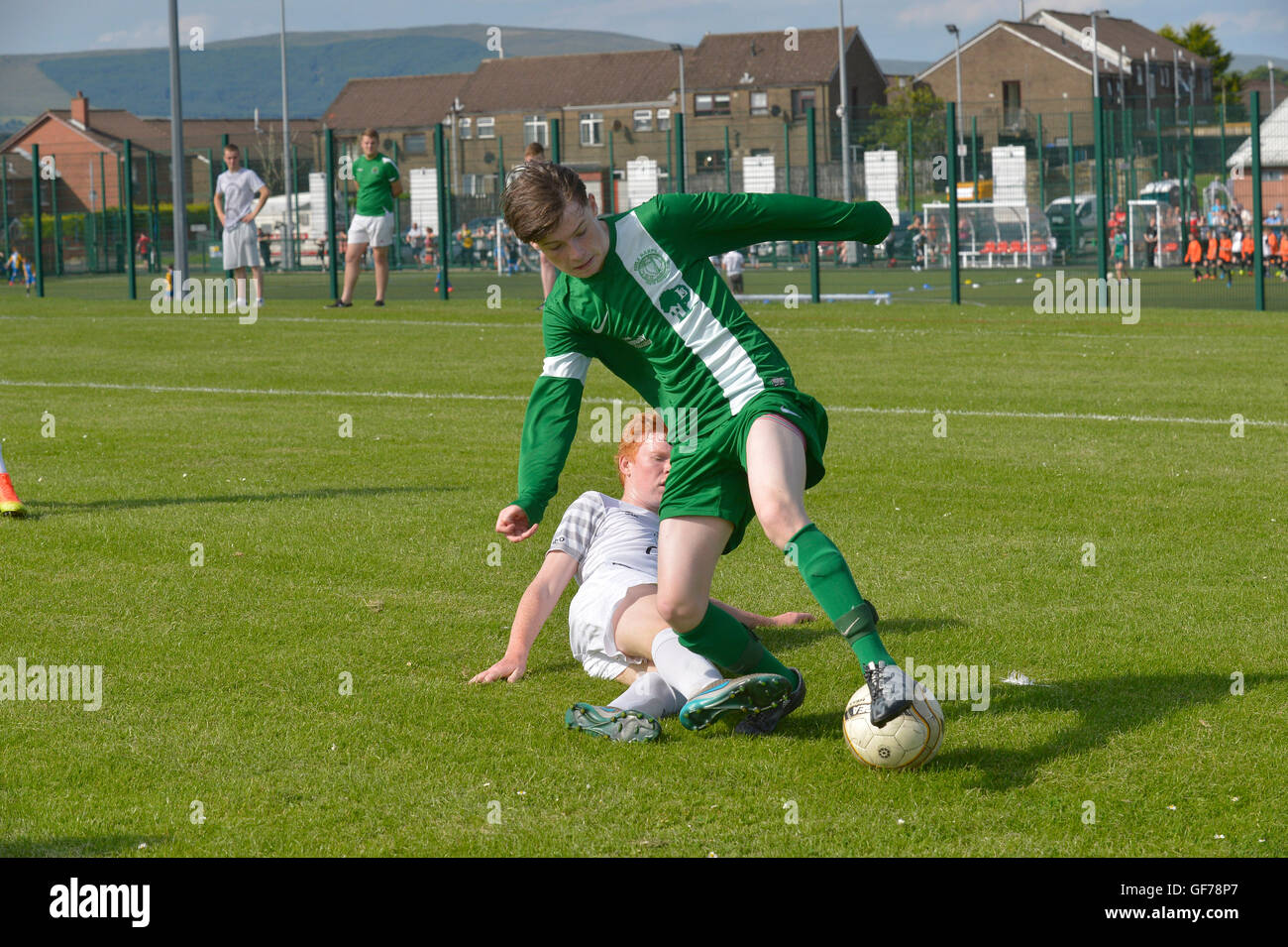 Foyle Harps v Everton America in under 16 Foyle Cup football game, Derry, Northern Ireland. Stock Photo