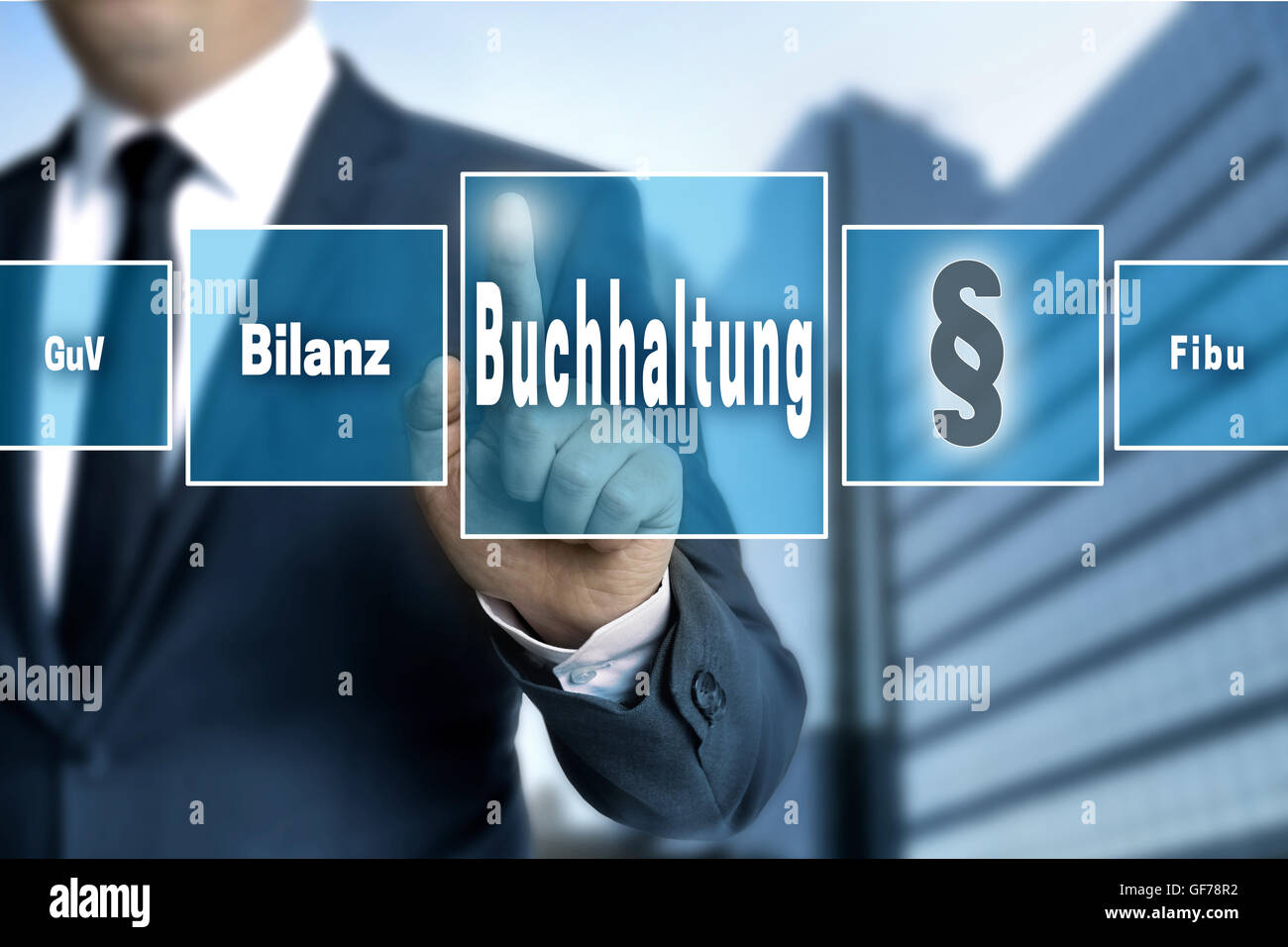 Buchhaltung (in german accounting, balance, financial accounting, profit)  touchscreen concept background. Stock Photo