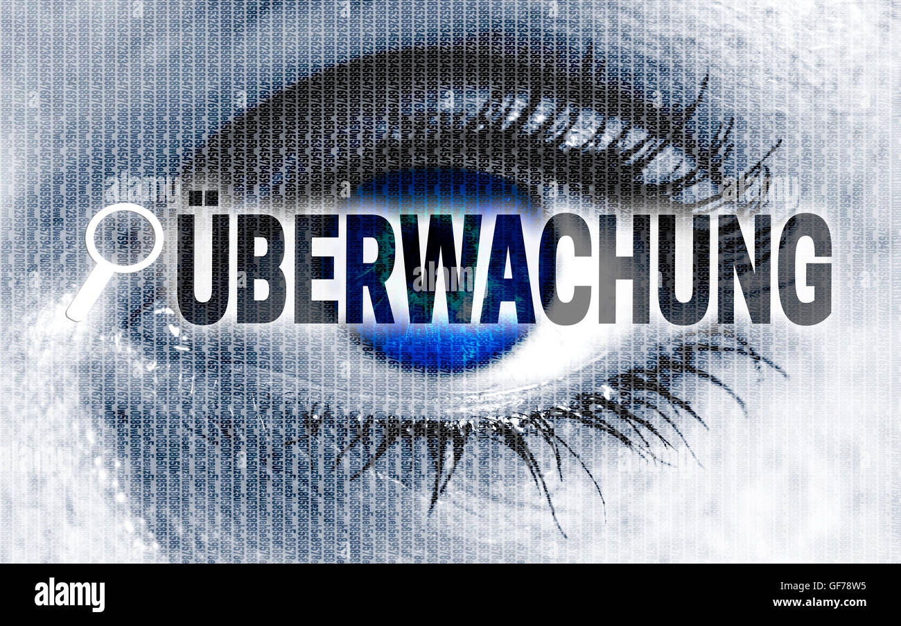 ueberwachung (in german monitoring) eye looks at viewer concept. Stock Photo