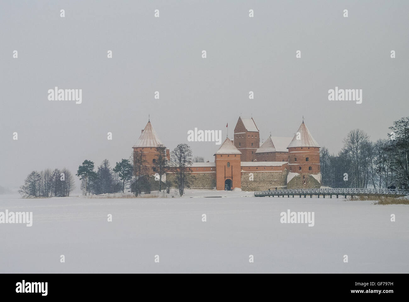 Medieval castle in Trakai, winter landscape, Vilnius County, Lithuania Stock Photo