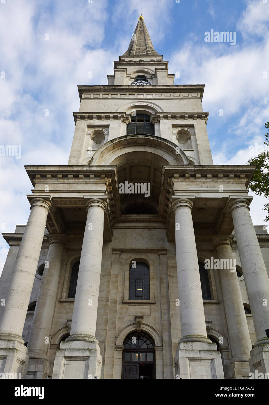 Christ Church Spitalfields west front & tower looking up; built by Nicholas Hawksmoor 1714 - 1729 Stock Photo
