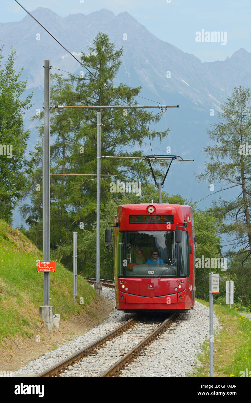 Stubaital train, tram between Innsbruck main station and Fulpmes, Stubai valley, Tyrol, Austria, Europe Stock Photo