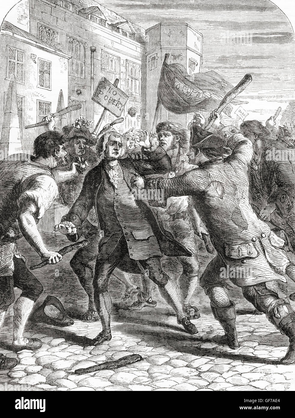 The 'No-Popery' rioters attacking members of Parliament in Palace Yard, Westminster, London England during The Gordon Riots of 1780, an anti-Catholic protest in London against the Papists Act of 1778. Stock Photo