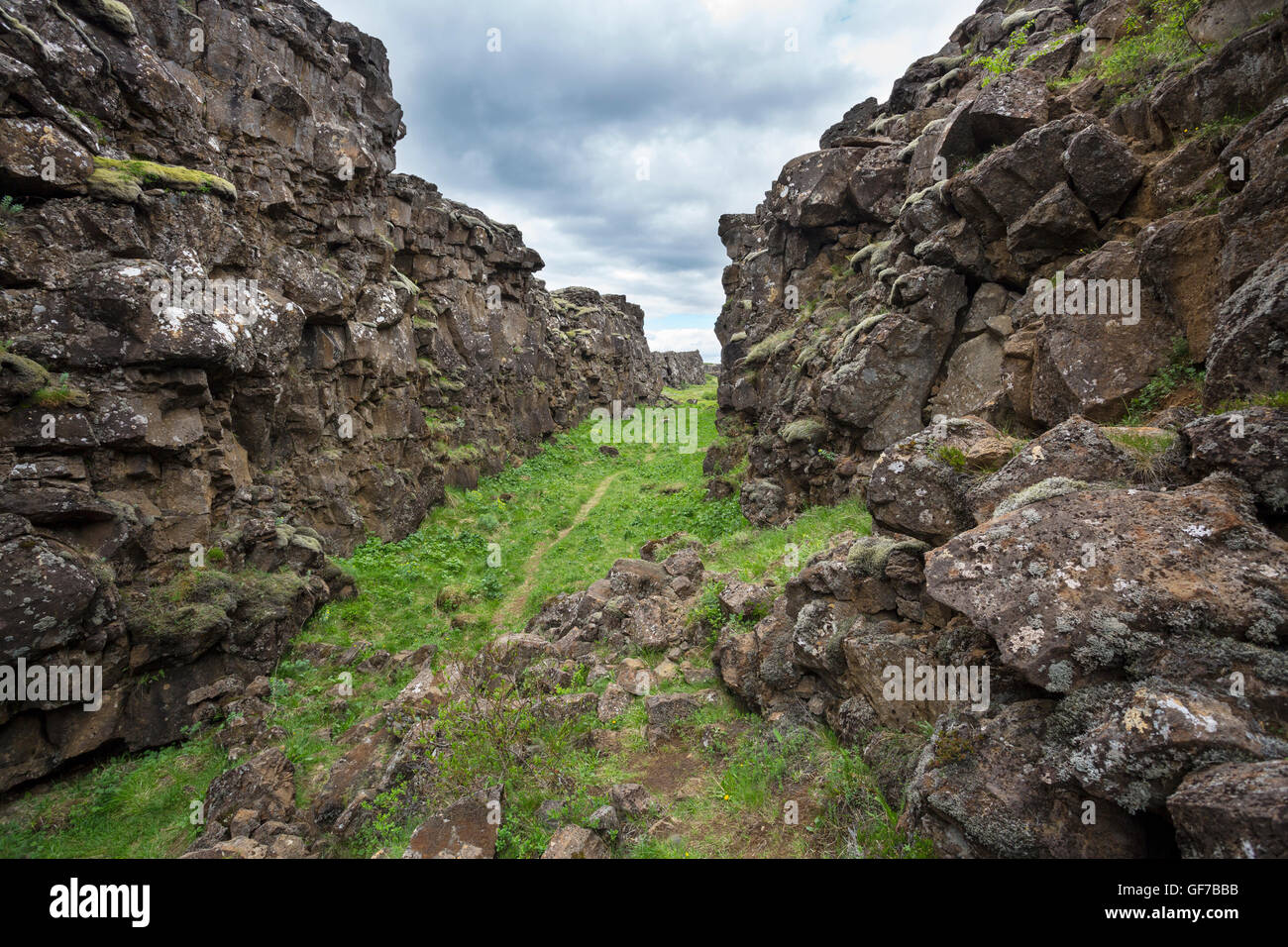 Thingvellir National Park, Iceland, fault in the landscape caused by continental drift between North American and Eurasian tecto Stock Photo