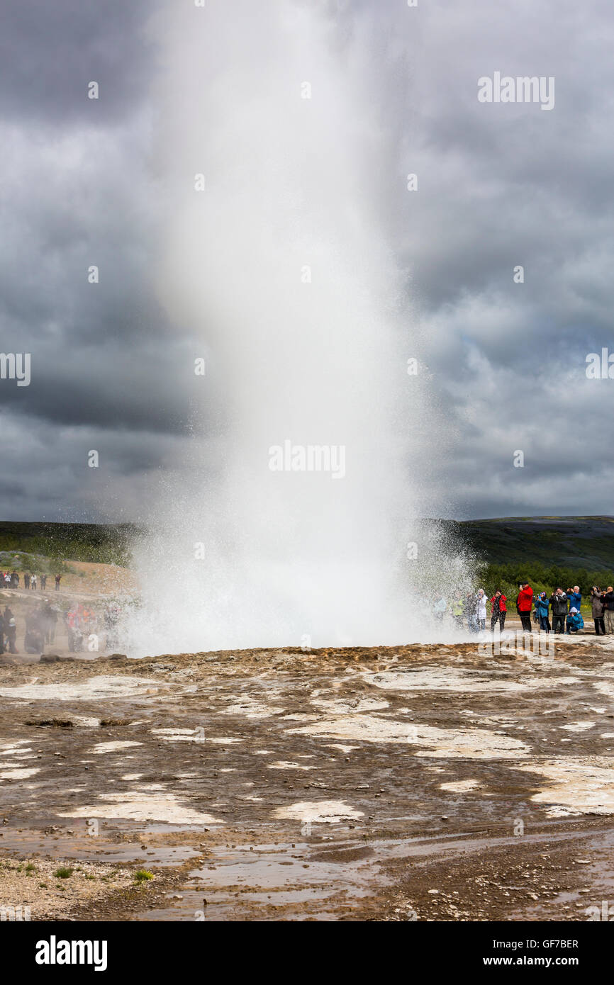 Strokkur Geysir Hot Spring Area,  spouts water 30 meters (100 ft), South West Iceland, Golden Circle tour Stock Photo