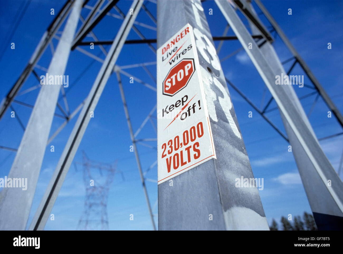 hydro transmission towers, warning sign,  North America, Canada, Ontario Stock Photo
